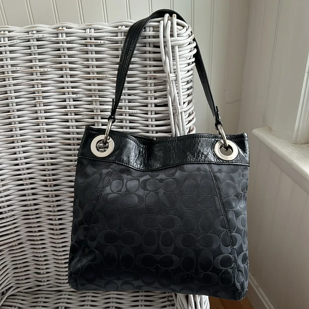 COACH Black Signature C Sateen Shoulder Bag with Creased Leather Trim - Picture 5 of 16